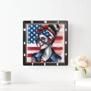 Horloge Carrée Drapeau américain stylé femme patriotique