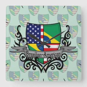 Horloge Carrée Drapeau Brésilien-Américain de bouclier