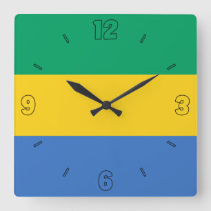 Horloge Carrée Drapeau Gabon Jaune Bleu Vert Chiffres Patriotique