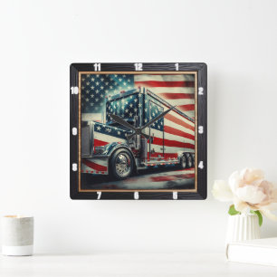 Horloge Carrée Drapeau Patriotique Américain Semi Camion