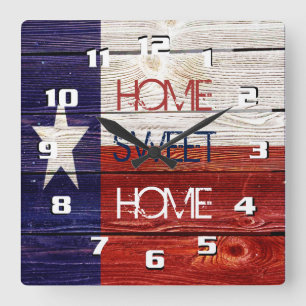 Horloge Carrée Drapeau patriotique du Texas sur texture de bois