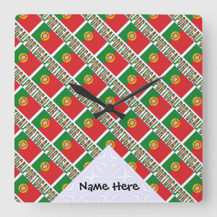 Horloge Carrée Drapeau portugais avec votre nom