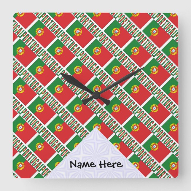 Horloge Carrée Drapeau portugais avec votre nom (Recto)