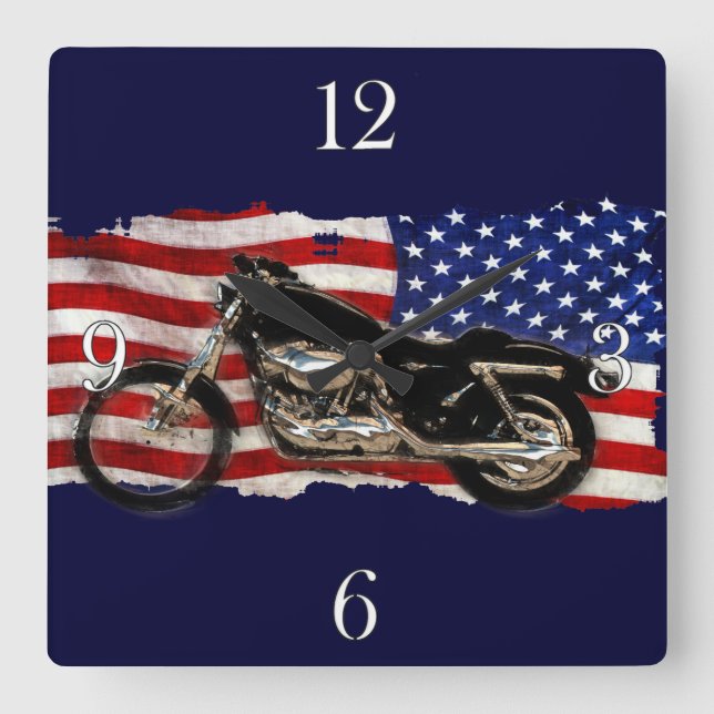Horloge Carrée Drapeau US & Moto, Moto, Art Patriotique (Recto)