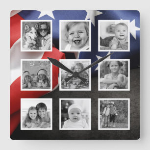 Horloge Carrée Drapeau USA Créez Votre Collage Photo Personnalisé