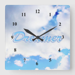 Horloge Carrée Dreamer Puffy nuages blancs et ciel bleu