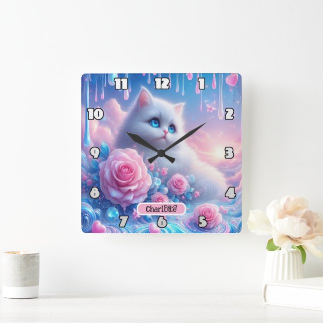 Horloge Carrée Dreamy Kitten : Roses roses, Yeux Bleus (Maison)