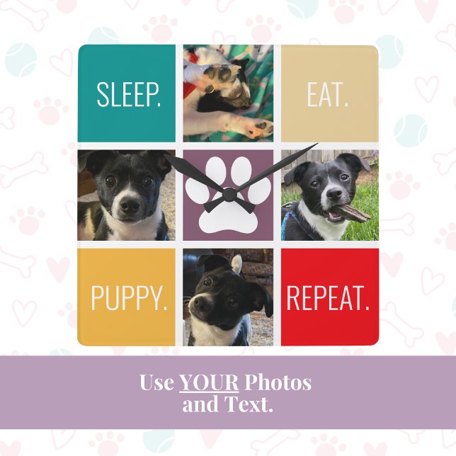 Horloge Carrée Drôle Chiot Dormir Manger Répéter Chien Louveur Co (This dog mom custom photo and text clock is a cute, practical and unique gift for Mother's Day!)