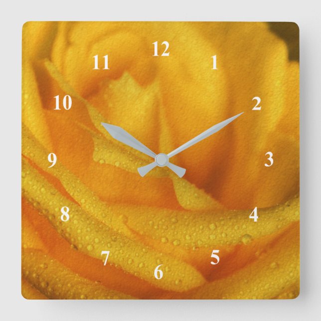 Horloge Carrée Droplets d'eau sur Elegant Rose Jaune (Recto)