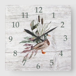 Horloge Carrée Duck Cattails Greenery