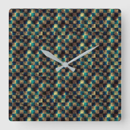 Horloge Carrée Échecs sales et effet rayé, jaune et bleu