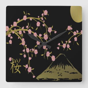 Horloge Carrée Écran Japonais Rose Sakura Or Noir