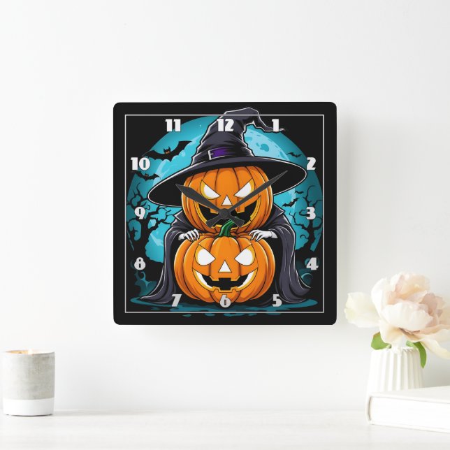 Horloge Carrée Éffrayant fantôme d'Halloween avec des citrouilles (Maison)