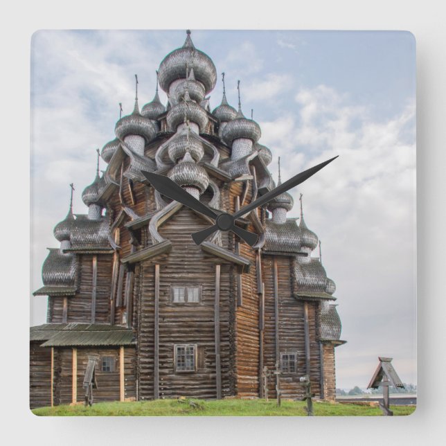 Horloge Carrée Église en bois orné, Russie (Recto)
