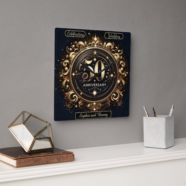 Horloge Carrée Élégance Baroque : 50e Anniversaire (Bureau)