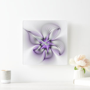 Horloge Carrée Élégance florale Art Abstrait Violet Fractal moder