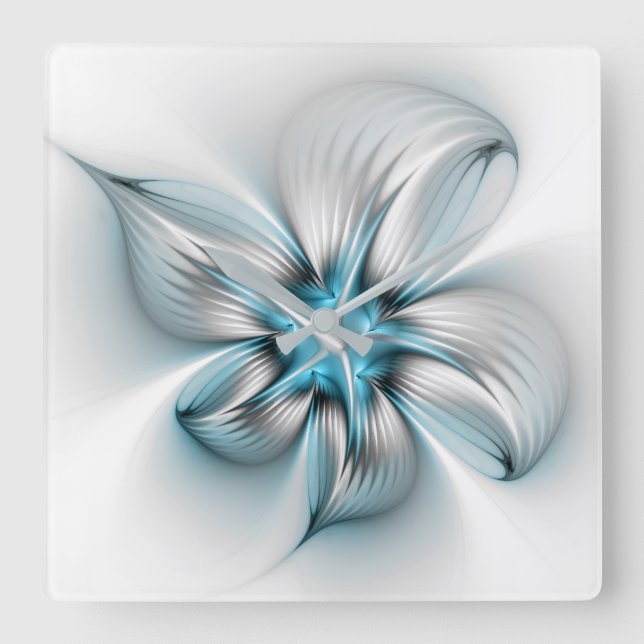 Horloge Carrée Élégance florale Art moderne Abstrait bleu fractal (Recto)