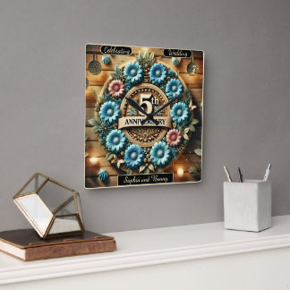 Horloge Carrée Elégance rustique : Anniversaire Floral Circle Des