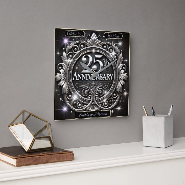 Horloge Carrée Élégant 25e anniversaire d'argent (Bureau)