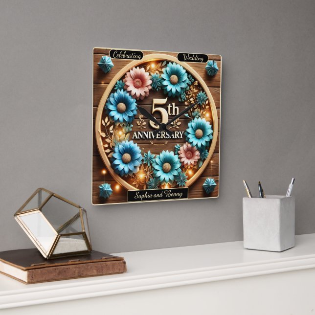 Horloge Carrée Élégant 5e anniversaire célèbre (Bureau)