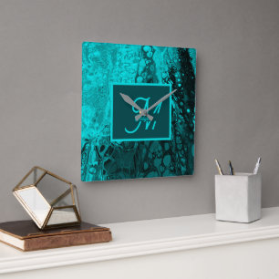Horloge Carrée Elégant Aqua Turquoise bold Script Monogramme