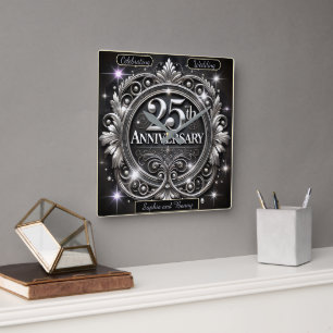 Horloge Carrée Élégant Argent 25e Anniversaire