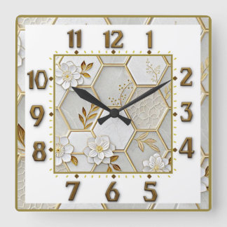 Horloge Carrée Élégant Art Déco blanc, or et fleurs