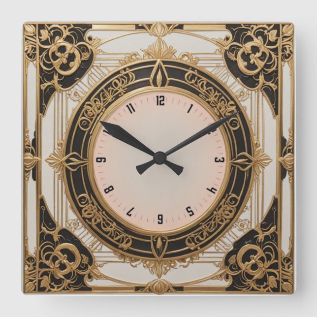 Horloge Carrée Elégant Art Déco noir et or (Recto)