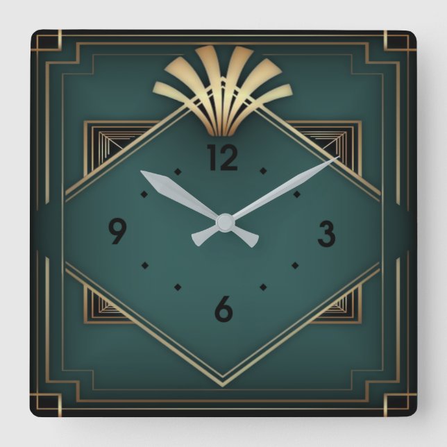 Horloge Carrée Elégant Art Déco Vert (Recto)