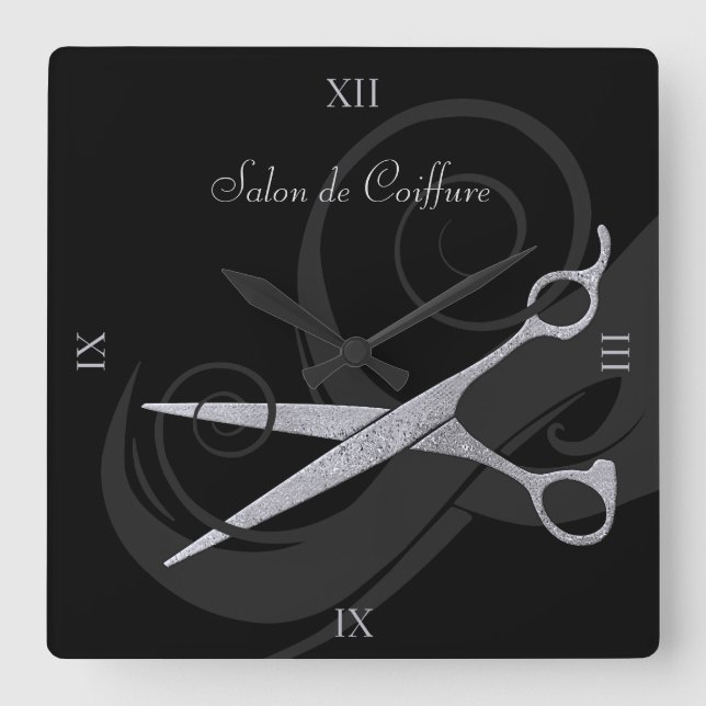 Horloge Carrée Elégant Black Curls Silver Ciseaux Salon de Coiffu (Recto)