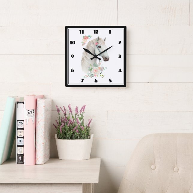 Horloge Carrée Élégant Boho Cheval Blanc Floral (Salle de lecture)