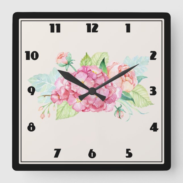 Horloge Carrée Elégant Bouquet de fleurs rose (Recto)