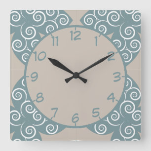 Horloge Carrée Elégant Carrelage marocain Bleu Motif argent