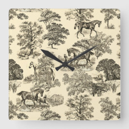 Horloge Carrée Élégant Cheval Rustique Arbres Beige Tan Toile