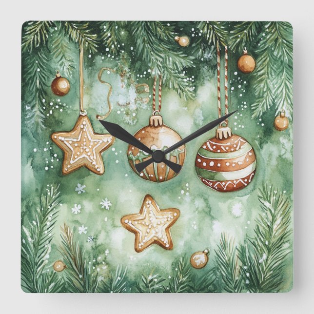 Horloge Carrée Elegant Christmas Wall Clock – Festive Winter Time (Recto)