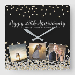 Horloge Carrée Elégant Collage Photo Gold Silver 25e anniversaire