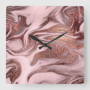 Horloge Carrée Elegant copper rose gold & pink marble look