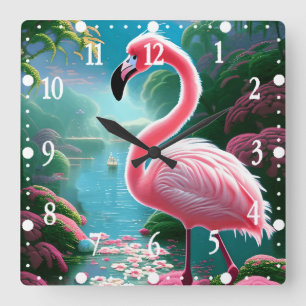 Horloge Carrée Élégant Flamant rose tropical-70852