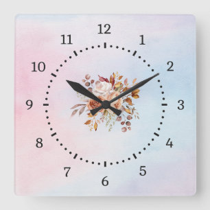 Horloge Carrée Élégant Floral Turquoise moderne