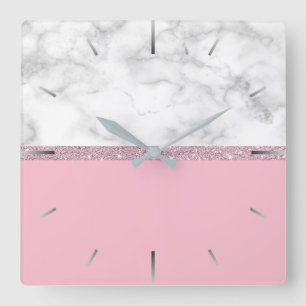 Horloge Carrée Elegant girly rose gold glitter white marble pink