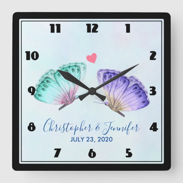 Horloge Carrée Élégant Mariage de paire de papillon aquarelle (Recto)