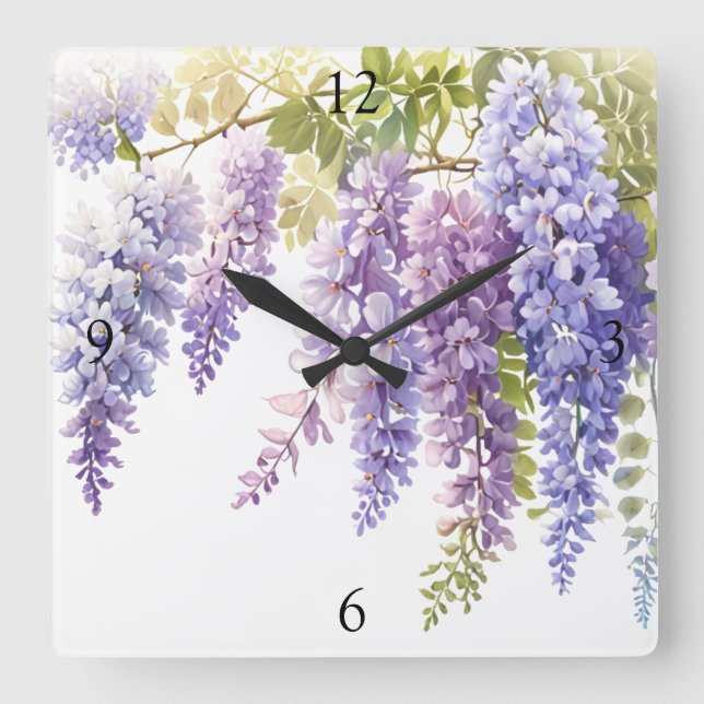 Horloge Carrée Elégant mauve magenta aquarelle glyteria floral (Recto)