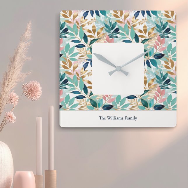 Horloge Carrée Elegant Modern Leaf Pattern Personalized (A modern, personalized wall clock with pink, aqua, teal and faux gold leaf pattern)