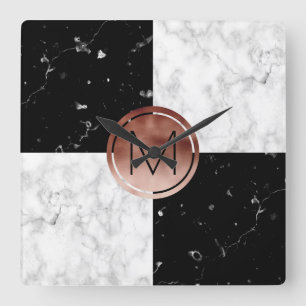 Horloge Carrée Élégant monogramme rose or noir marbre blanc
