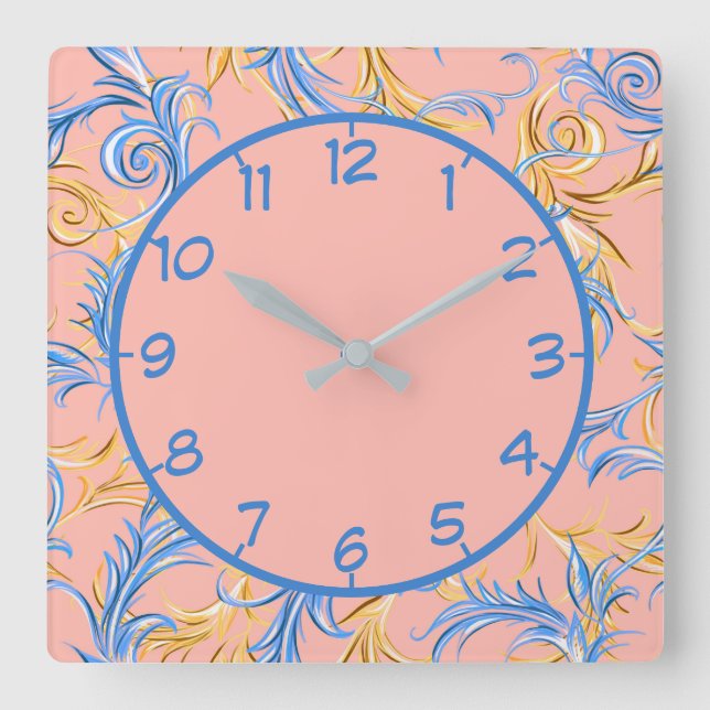 Horloge Carrée Élégant Motif Arabesque Rose Bleu Swirl (Recto)