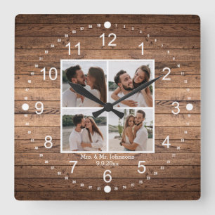 Horloge Carrée élégant mrs & mr  4 photos collage mariage rustiqu