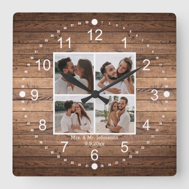 Horloge Carrée élégant mrs & mr  4 photos montage mariage rustiqu (Recto)