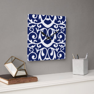 Horloge Carrée Elegant Navy Blue and White Wall Clock