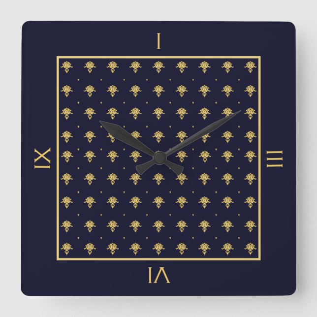 Horloge Carrée Elegant Navy Blue et Gold Damask (Recto)