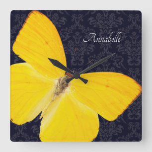 Horloge Carrée Elégant Papillon jaune Noir Damas Ajouter un nom